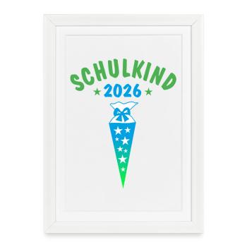 Schulkind 2026 Schultüte Sterne - blau grün - Gerahmtes Poster (27 × 37 cm) - Weiß - Vorne