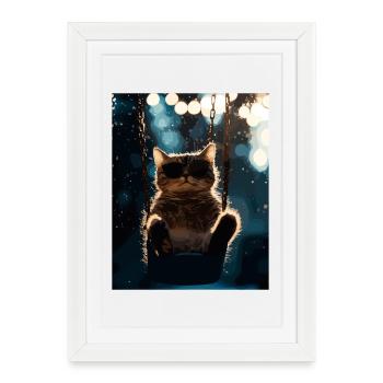 Balançoire de chat sous la veilleuse - Affiche encadrée (27 × 37 cm) - blanc - Devant