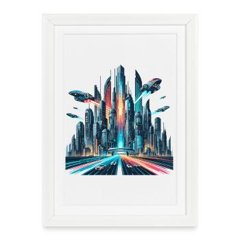 Ville néon du futur - Affiche encadrée (27 × 37 cm) - blanc - Devant