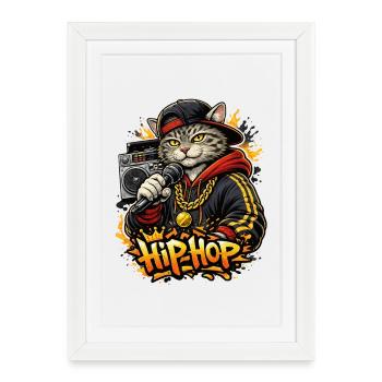 HipHop Cat avec un micro - Affiche encadrée (27 × 37 cm) - blanc - Devant