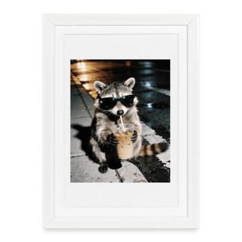Raccoon Drinking Iced Coffee, Funny Raccoon Photo - Framed poster (27 × 37 cm) - white - Front