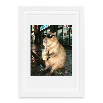 Café glacé au capybara, photo drôle de capybara - Affiche encadrée (27 × 37 cm) - blanc - Devant