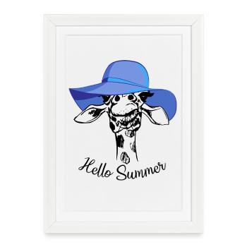 Hello Summer Giraffe Blue Sun Hat Animal Design - Gerahmtes Poster (27 × 37 cm) - Weiß - Vorne