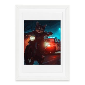 Night Cat on Motorcycle Noir - Framed poster (27 × 37 cm) - white - Front