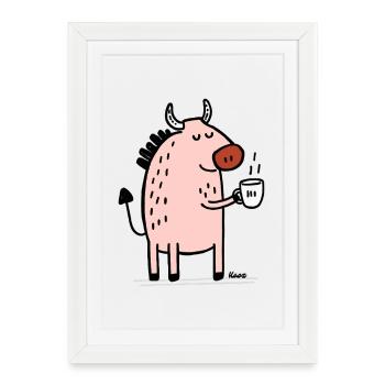 Pink Animal with Horn and Cup - Framed poster (27 × 37 cm) - white - Front