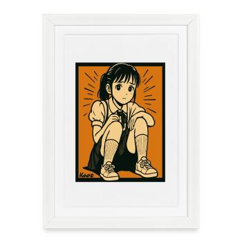 Manga fille assise les genoux relevés - Affiche encadrée (27 × 37 cm) - blanc - Devant