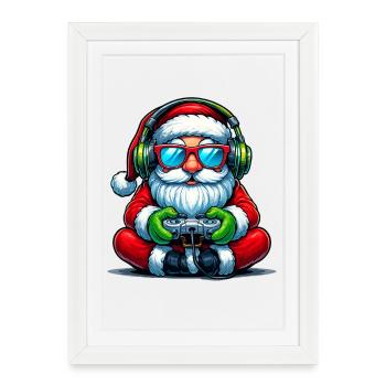 Père Noël joueur jouant à la manette de jeu vidéo - Affiche encadrée (27 × 37 cm) - blanc - Devant