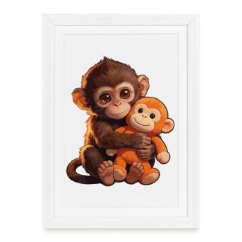 Petit singe mignon donne un coup de poing Coup de poing singe - Affiche encadrée (27 × 37 cm) - blanc - Devant