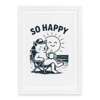 Chilling Cat on the Beach – So Happy Design - Framed poster (27 × 37 cm) - white - Front
