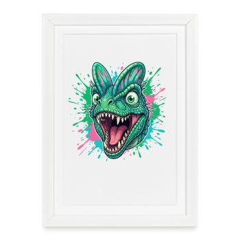 Tête de dinosaure verte avec éclaboussure néon - Affiche encadrée (27 × 37 cm) - blanc - Devant