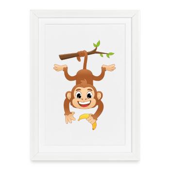 Mignonne banane de singe suspendu Dessin animé rétro - Affiche encadrée (27 × 37 cm) - blanc - Devant