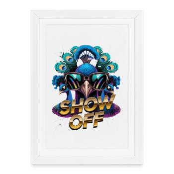 Paon avec des lunettes de soleil Un paon coloré et cool - Affiche encadrée (27 × 37 cm) - blanc - Devant