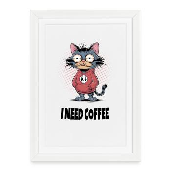 Besoin d’un chat au café – Drôle de diction sur le chat - Affiche encadrée (27 × 37 cm) - blanc - Devant
