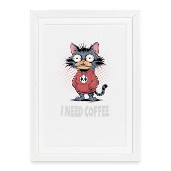 J’ai besoin d’un chat au café – Drôle de diction sur le chat - Affiche encadrée (27 × 37 cm) - blanc - Devant