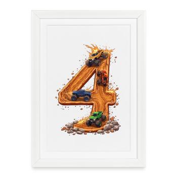 4e anniversaire, garçon de 4 ans, Monster Truck - Affiche encadrée (27 × 37 cm) - blanc - Devant