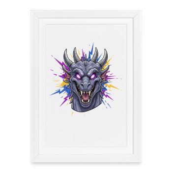Tête de dragon néon avec éclaboussures de peinture - Affiche encadrée (27 × 37 cm) - blanc - Devant