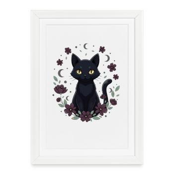 Cercle de Fleurs du Chat de la Nuit de Lune - Affiche encadrée (27 × 37 cm) - blanc - Devant