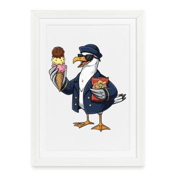 Capitaine mouette cool avec glace et chips - Affiche encadrée (27 × 37 cm) - blanc - Devant