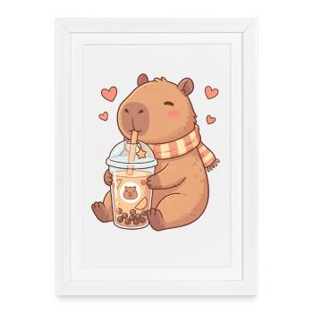 Cozy Kawaii Capybara schlürft Boba-Tee - Gerahmtes Poster (27 × 37 cm) - Weiß - Vorne