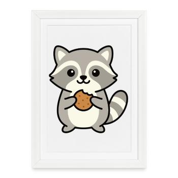 Raccoon with Biscuit Cartoon Motif - Framed poster (27 × 37 cm) - white - Front