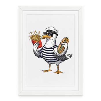 Mouette fraîche mangeant un sandwich de frites - Affiche encadrée (27 × 37 cm) - blanc - Devant