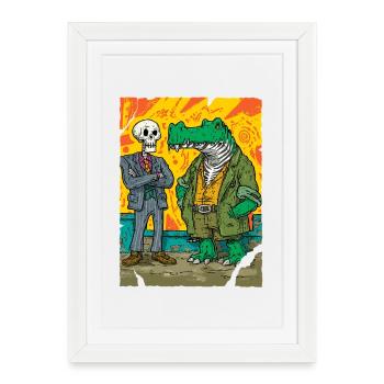 Neon Street Dino: Skeleton vs Alligator CEO - Framed poster (27 × 37 cm) - white - Front