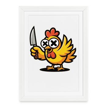 T-shirt poulet fou – Poulet avec couteau - Affiche encadrée (27 × 37 cm) - blanc - Devant