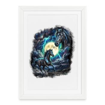 Deux chevaux sauvages avec des motifs de faune lunaire - Affiche encadrée (27 × 37 cm) - blanc - Devant