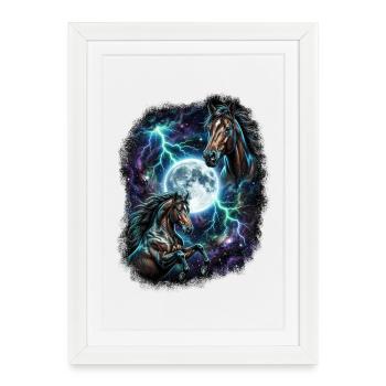 Deux chevaux sauvages avec des motifs de faune lunaire - Affiche encadrée (27 × 37 cm) - blanc - Devant