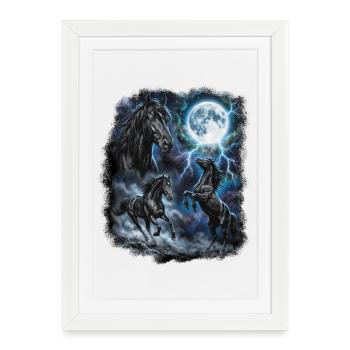 TROIS chevaux sauvages avec des motifs de faune lunaire - Affiche encadrée (27 × 37 cm) - blanc - Devant