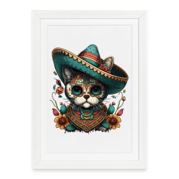 Sombrero Sucre Crâne Chat Mexican Cinco de Mayo - Affiche encadrée (27 × 37 cm) - blanc - Devant