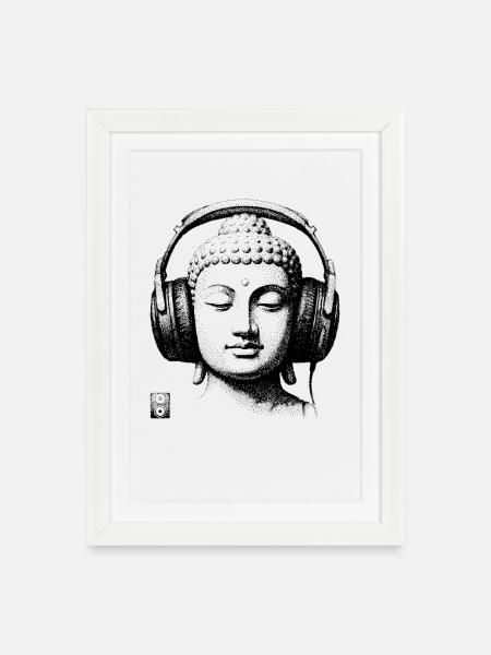 Music Buddha - Gerahmtes Poster (27 × 37 cm) - Weiß