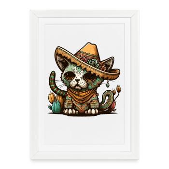 Mexican Cinco De Mayo Sucre Skull Sombrero Cat - Affiche encadrée (27 × 37 cm) - blanc - Devant