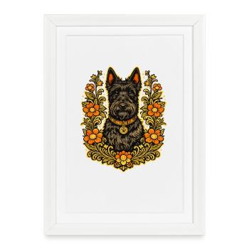 Terrier écossais à cadre floral - Affiche encadrée (27 × 37 cm) - blanc - Devant