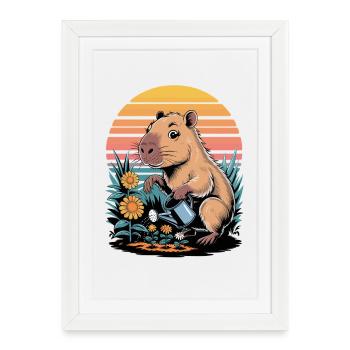 Le capybara arrose les fleurs dans le jardin devant des films rétro - Affiche encadrée (27 × 37 cm) - blanc - Devant