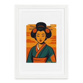 Portrait du kimono au coucher de soleil de Geisha - Affiche encadrée (27 × 37 cm) - blanc - Devant