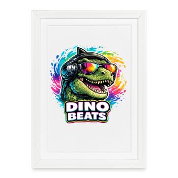 Dino beats Neon DJ disant pour les fans de musique - Affiche encadrée (27 × 37 cm) - blanc - Devant