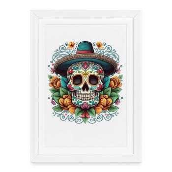 Crâne en sucre avec chapeau et Aztèque floral - Affiche encadrée (27 × 37 cm) - blanc - Devant