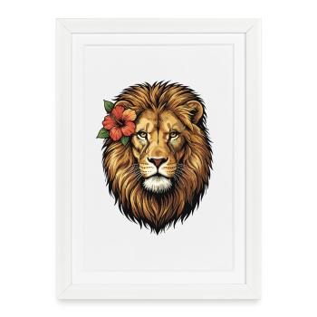Tête de lion avec fleur d’hibiscus - Affiche encadrée (27 × 37 cm) - blanc - Devant