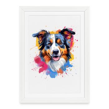 Australian Shepherd Dog Splash Art Colorful - Framed poster (27 × 37 cm) - white - Front