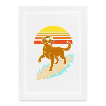 Chien surfeur à lunettes – style rétro de plage - Affiche encadrée (27 × 37 cm) - blanc - Devant