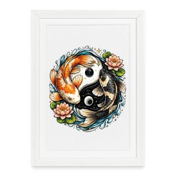 Koi Yin Yang floral and lotus - Framed poster (27 × 37 cm) - white - Front