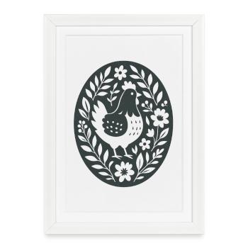 Poulet | Art populaire des fleurs de ferme - Affiche encadrée (27 × 37 cm) - blanc - Devant