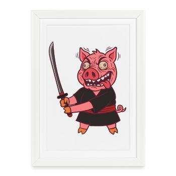 Crazy Samurai Pig with Sword - Framed poster (27 × 37 cm) - white - Front