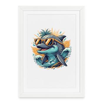 Dolphin with Sunglasses Surf Tropical Design - Framed poster (27 × 37 cm) - white - Front