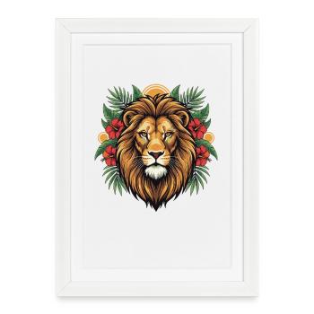 Tête de lion en frénésie tropicale - Affiche encadrée (27 × 37 cm) - blanc - Devant