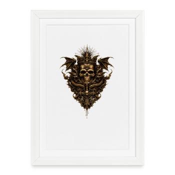 Crâne gothique avec dragons et symboles occultes - Affiche encadrée (27 × 37 cm) - blanc - Devant