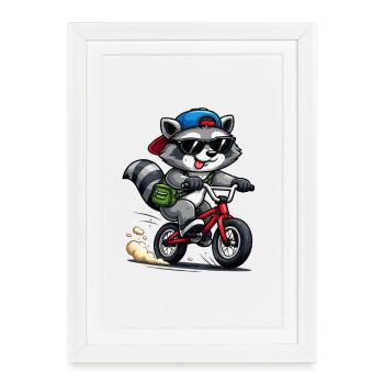 Raton laveur cool à vélo – Vélo drôle - Affiche encadrée (27 × 37 cm) - blanc - Devant