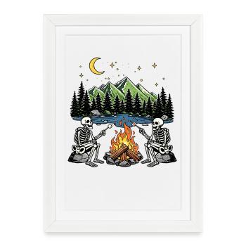 Camp de camping nocturne Marshmallow au feu de camp Skeleton - Affiche encadrée (27 × 37 cm) - blanc - Devant