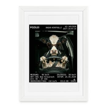Kuh Geblitzt Blitzer - Gerahmtes Poster (27 × 37 cm) - Weiß - Vorne